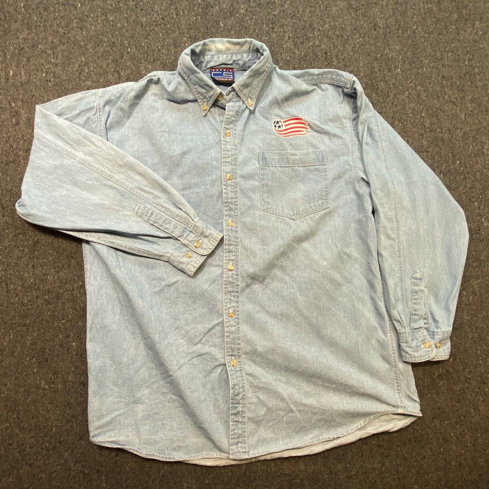 Crable Sportswear Vintage Mens L USA Soccer‎ Flag Denim Button Down Shirt Blue